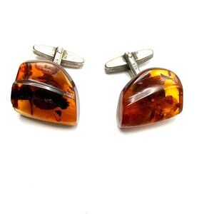 Vintage European 835 Silver & Baltic Amber Cuff Links—Mid-Century Modernist Pair